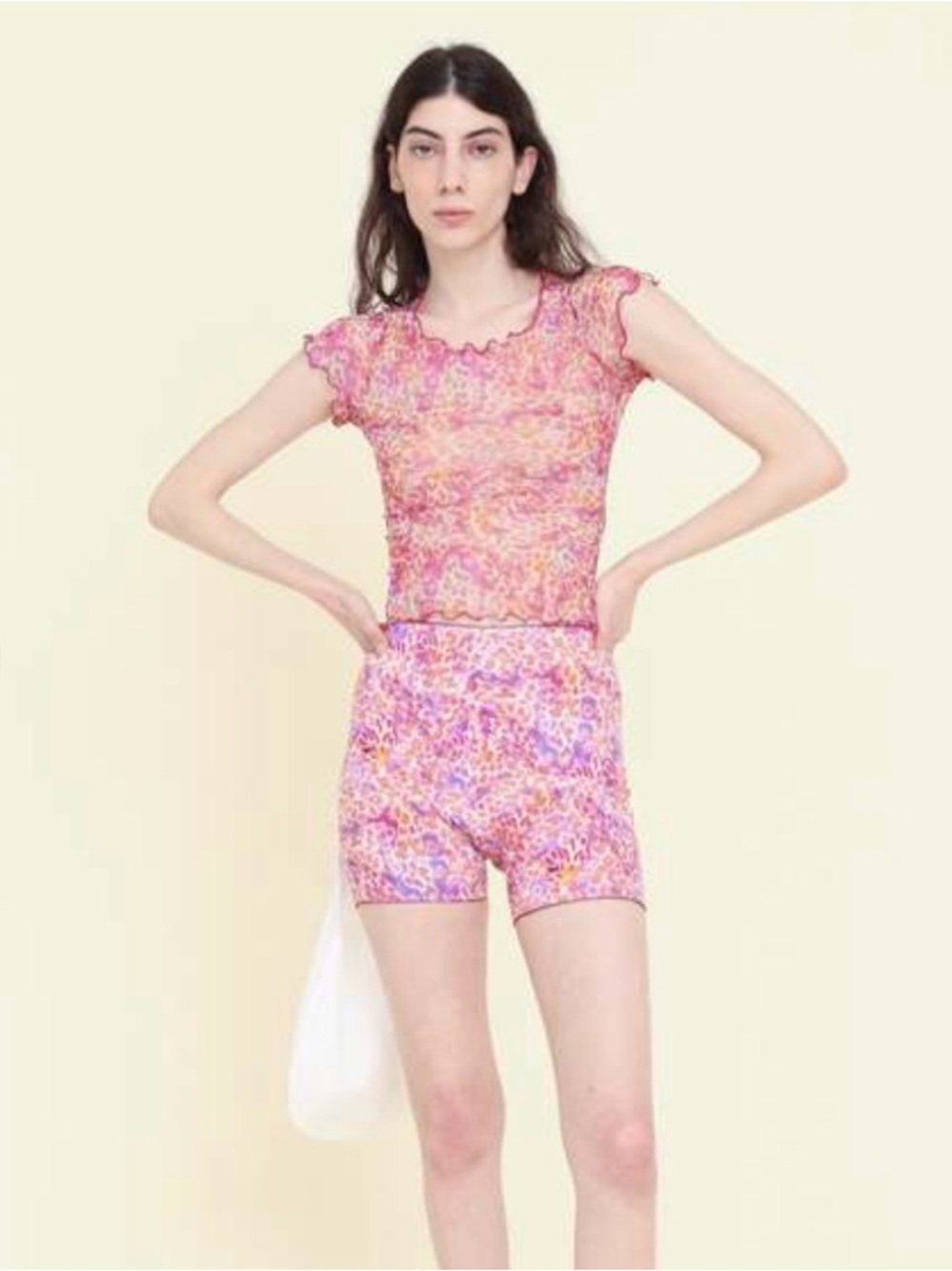 PRISCAVERA Mesh Cropped Baby Tee Lettuce Hem in LEOPARD ORCHIDS